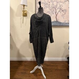Joy Stevens California Vintage Black Gold Metallic Dot Cowl Neck‎ Batwing Dress